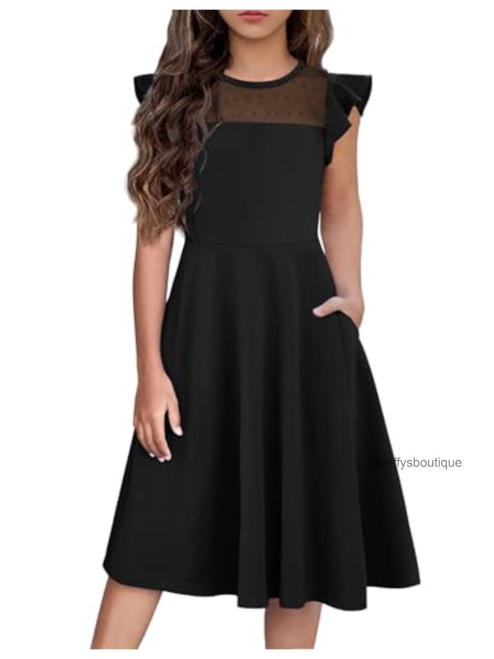 Girls Formal Ruffle Sleeve Mesh A-Line Dress with Pockets